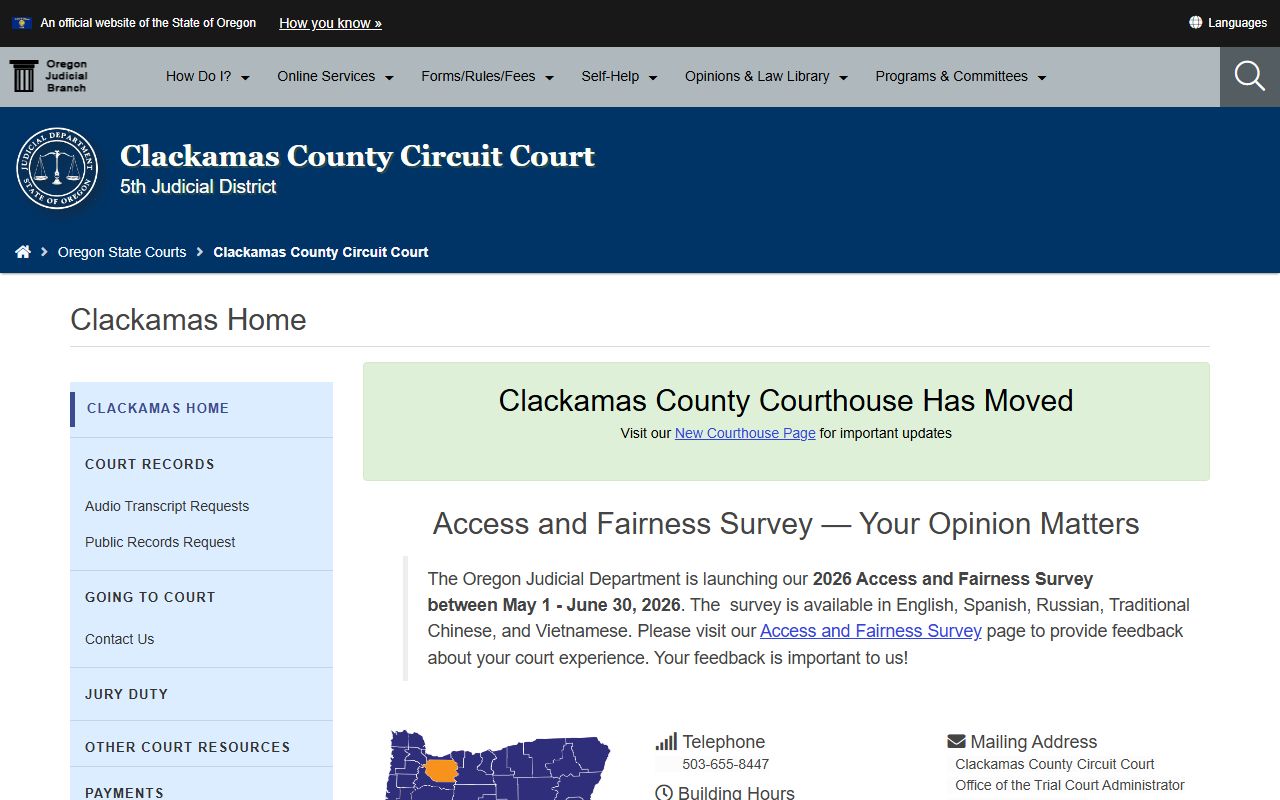Clackamas County Circuit Court official court records page