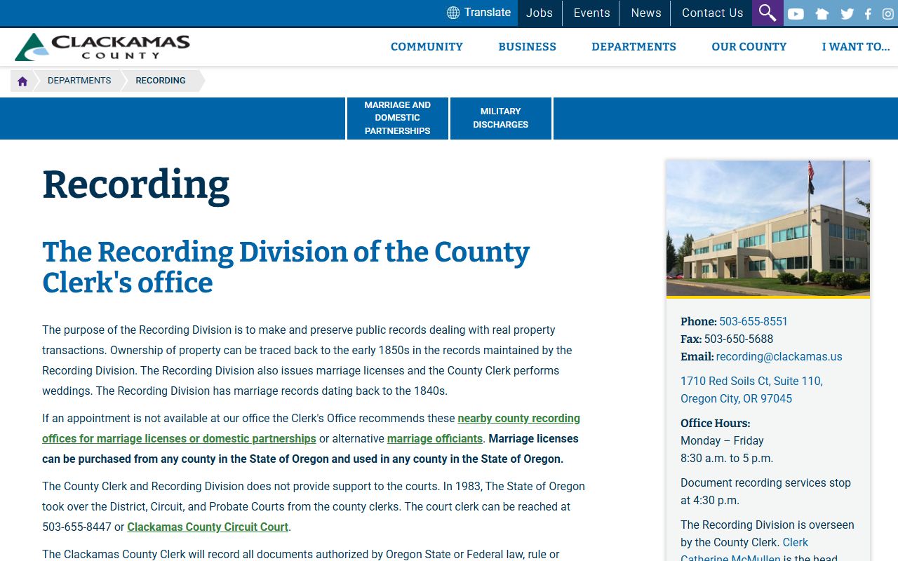 Clackamas County court records and county recording office distinction