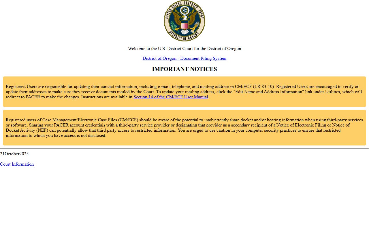 Clackamas County court dockets District of Oregon CM ECF access