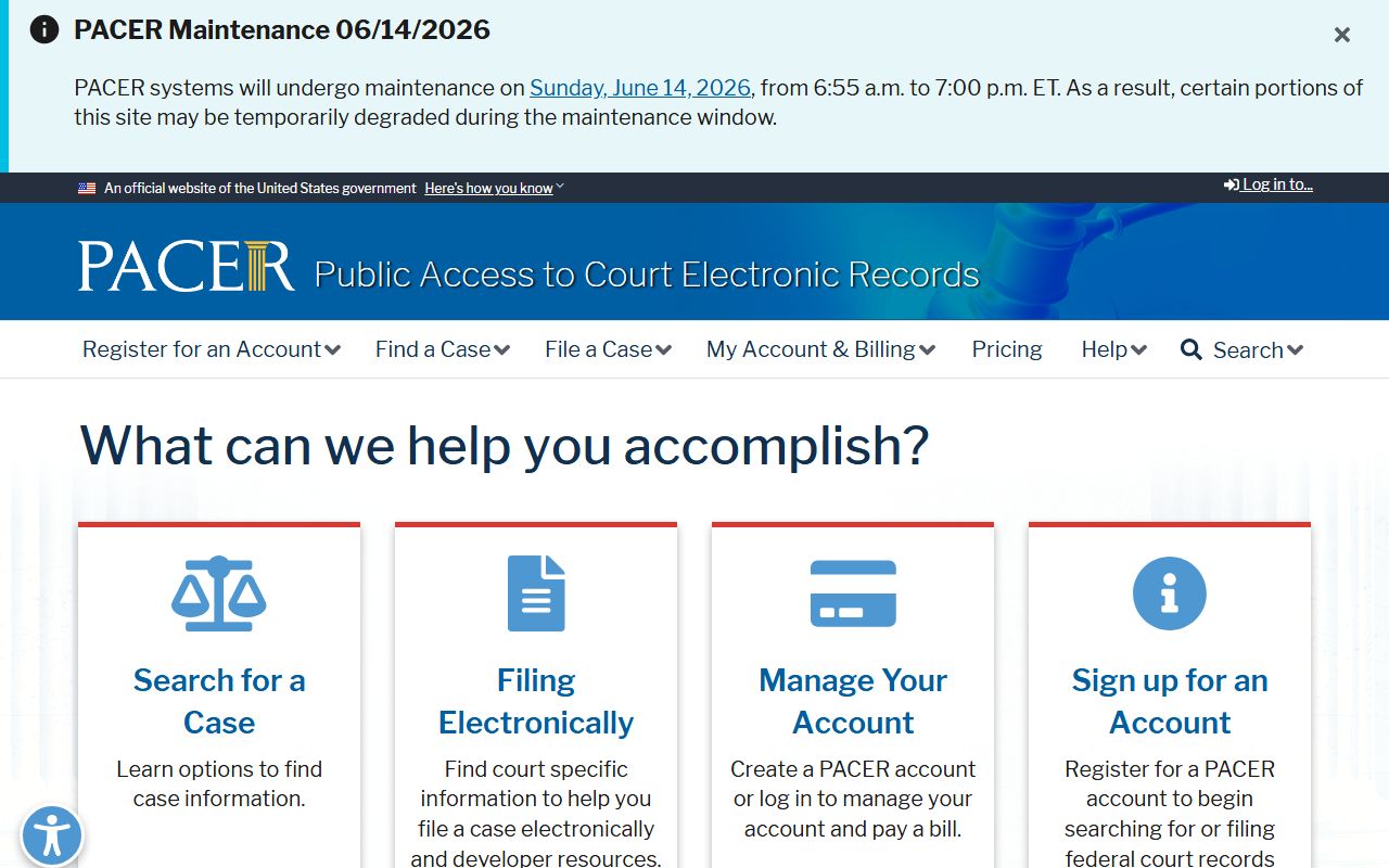Clackamas County court dockets PACER federal docket registration page