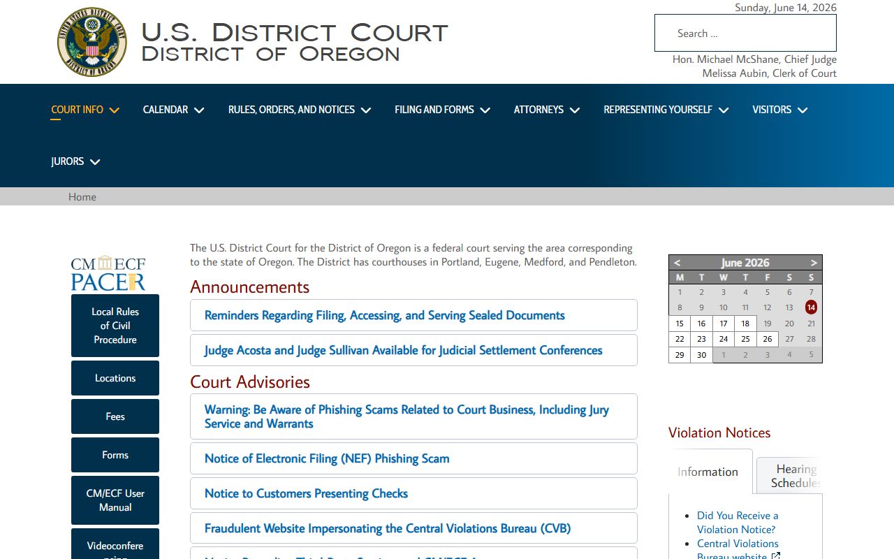 Clackamas County court dockets U.S. District Court for the District of Oregon