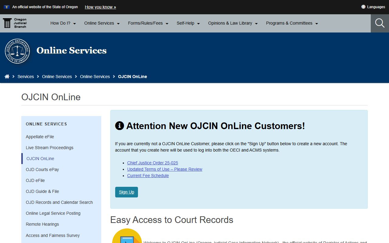 Clackamas County court records OJCIN OnLine access page