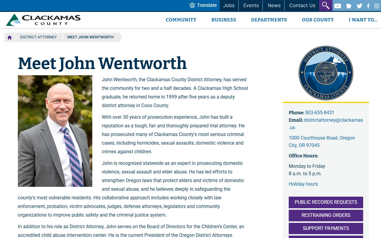 Clackamas County criminal court records John Wentworth District Attorney biography source