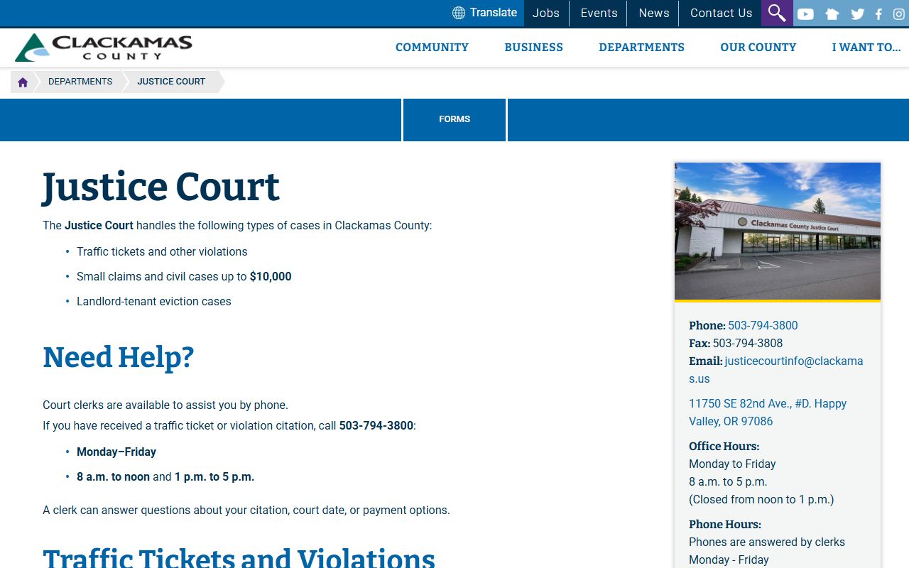 Clackamas County traffic court records and Justice Court access