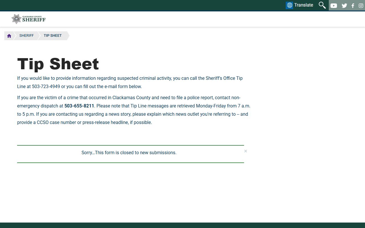 Clackamas County warrant records sheriff online tip form